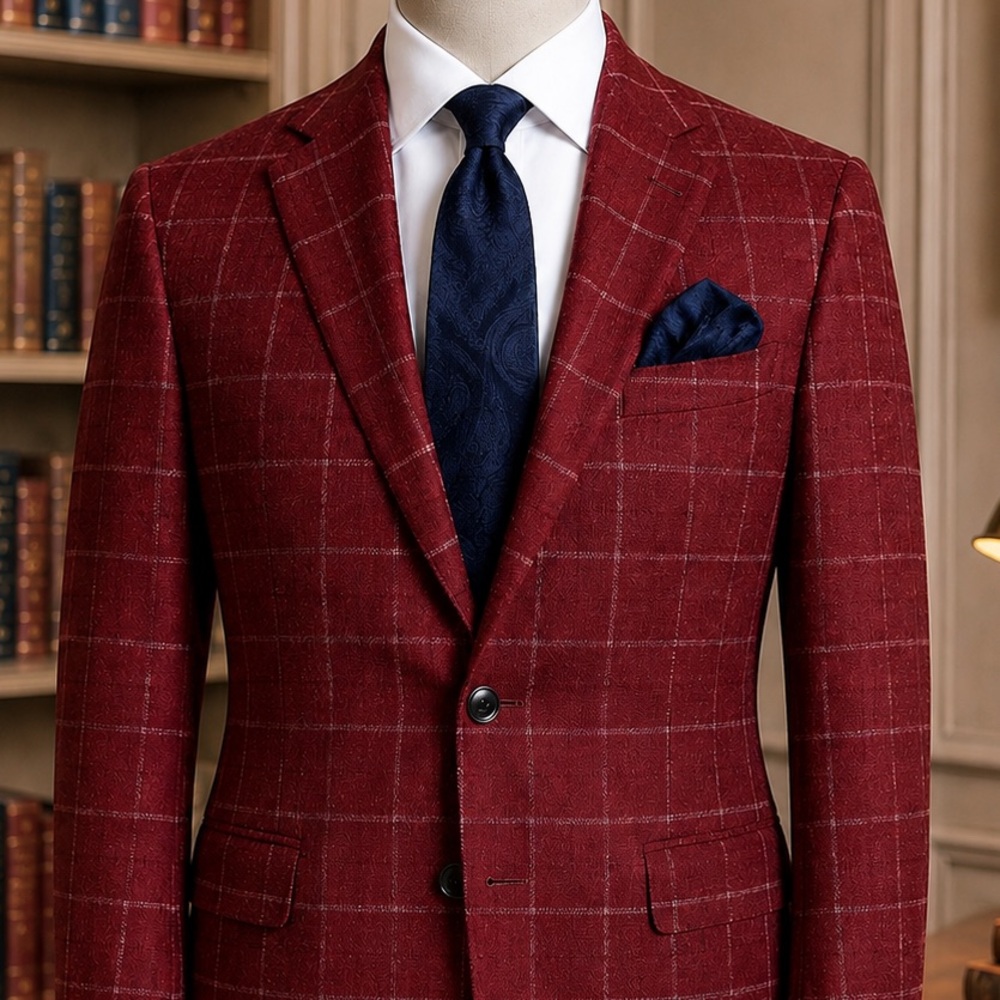 Kiton Napoli Cashmere Claret Windowpane Sport Coat w/ Nicky Navy Paisly Accents
